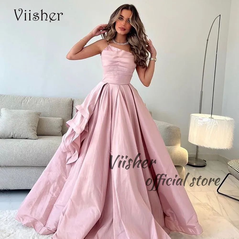 

Viisher Arabic A Line Evening Dresses Pleats Satin Strapless Prom Party Dress with Train Dubai Celebrate Event Gowns Customized