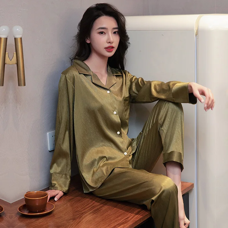 

2023 New Solid Color Satin Pajamas Female Thin Simple Herringbone Suit Home Clothes Loungewear Women Pajamas for Women