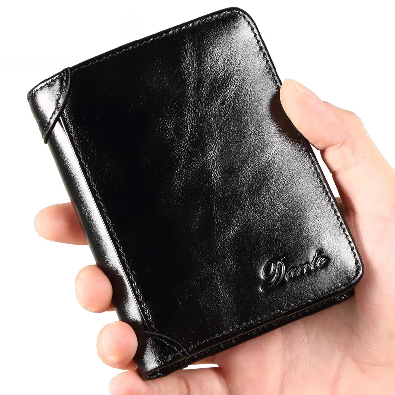 Men's Genuine Leather Oil Wax Top Layer Cowhide Anti Theft Vertical Short Wallet Card Holder