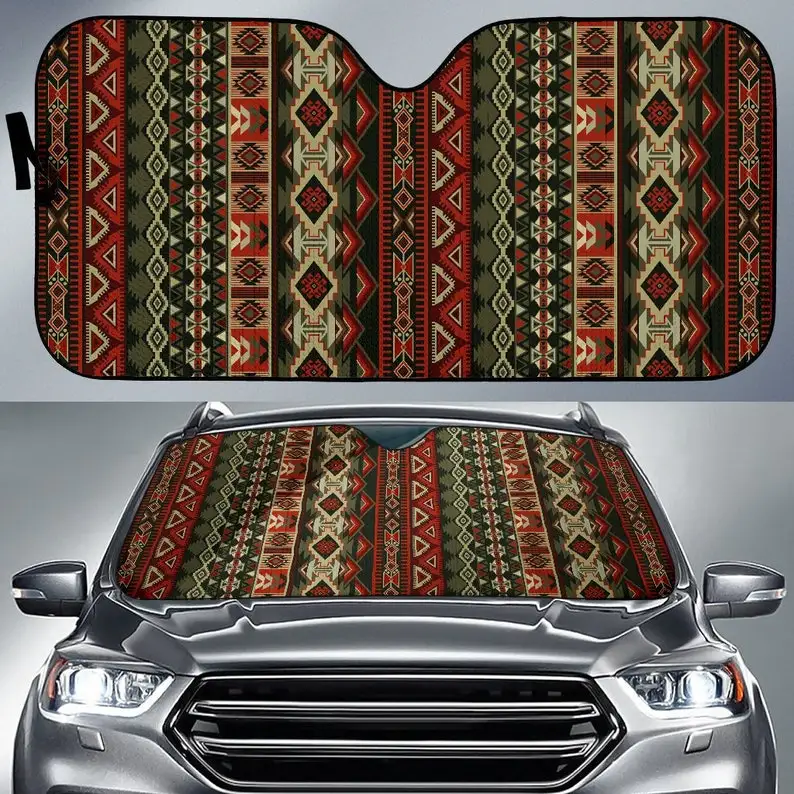 

Red Brown Boho Chic Bohemian Aztec Streaks Car Windshield Sun Shade, Visor, Car Accessories