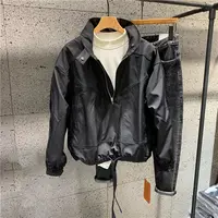 2023 New Spring and Autumn Fashion Street Trend Simple Solid Standing Neck Half Zip Pocket Drawstring Loose Casual Charge Jacket 2
