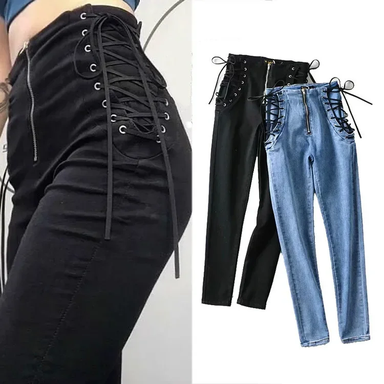 

XS-XL Spring Women High Waist Jeans Zipper Skinny Ankle-length Pencil Pants Autumn Female Fashion Elastic Wash Denim Trousers