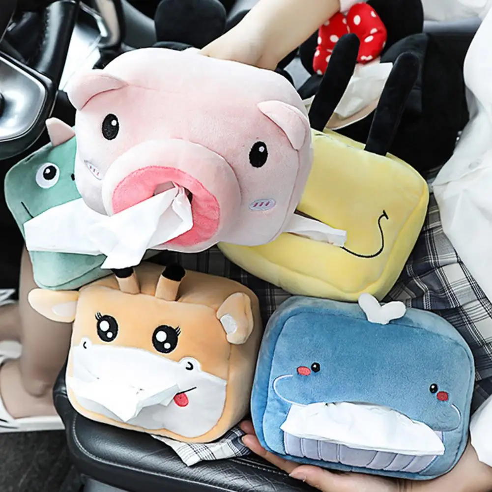 

Car Tissue Box Elastic Buckle Stain-resistant Cute Cartoon Plush Napkin Holder Washable Car Tissue Holder for Auto