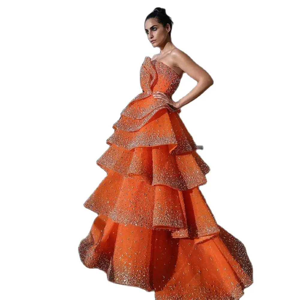 Luxury Sparkly Crystal Tiered Evening Dress Women Orange Sleeveless Strapless Vestidos De Fiesta Elegantes Para Mujer Prom Gowns