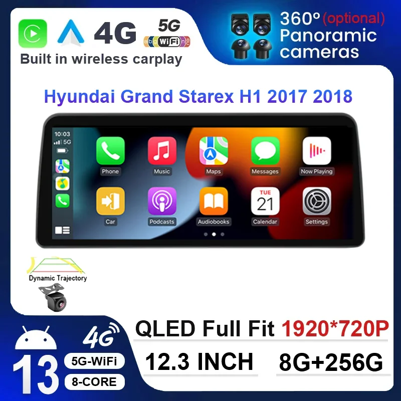 

12,3 дюймовый Android 13 для Hyundai Grand Starex H1 2017 2018 автомобильное радио, мультимедийный видеоплеер, QLED GPS навигация, DSP 5G 360 DVR
