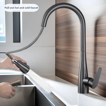 ก๊อกน้ําอ่างล้างจานสแตนเลสดึงออกอ่างล้างจานน้ําแตะดาดฟ้าติดตั้งผสม Stream Sprayer หัวก๊อกน้ําร้อนเย็น 2