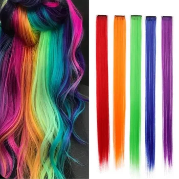 Synthetic Long Straight Clip-in Hair Extensions One-piece Hairpiece Wigs Y2K Colorful Fake Hair Girls Wig Hair Accessories