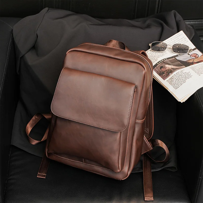 

Retro Casual Leather Men Backpack Fashion Male Travel Bag Portable15 Inch Computer Laptop Bag Student Schoolbag