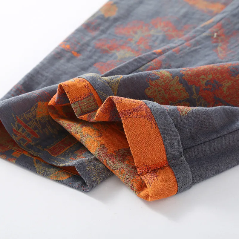 Cotton Gauze Yarn Dyed Landscape Printed Men's Sleepwear Clothes for Spring and Autumn Long Sleeved Loose Oversized Home Suit - 6