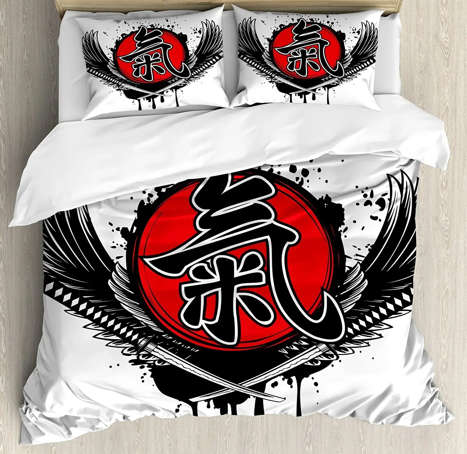 Japanese 3Pcs Bedding Set Crossed Samurai Swords Wings With Old Duvet Cover Set Bed Set Quilt Cover Pillow Case Comforter Cover