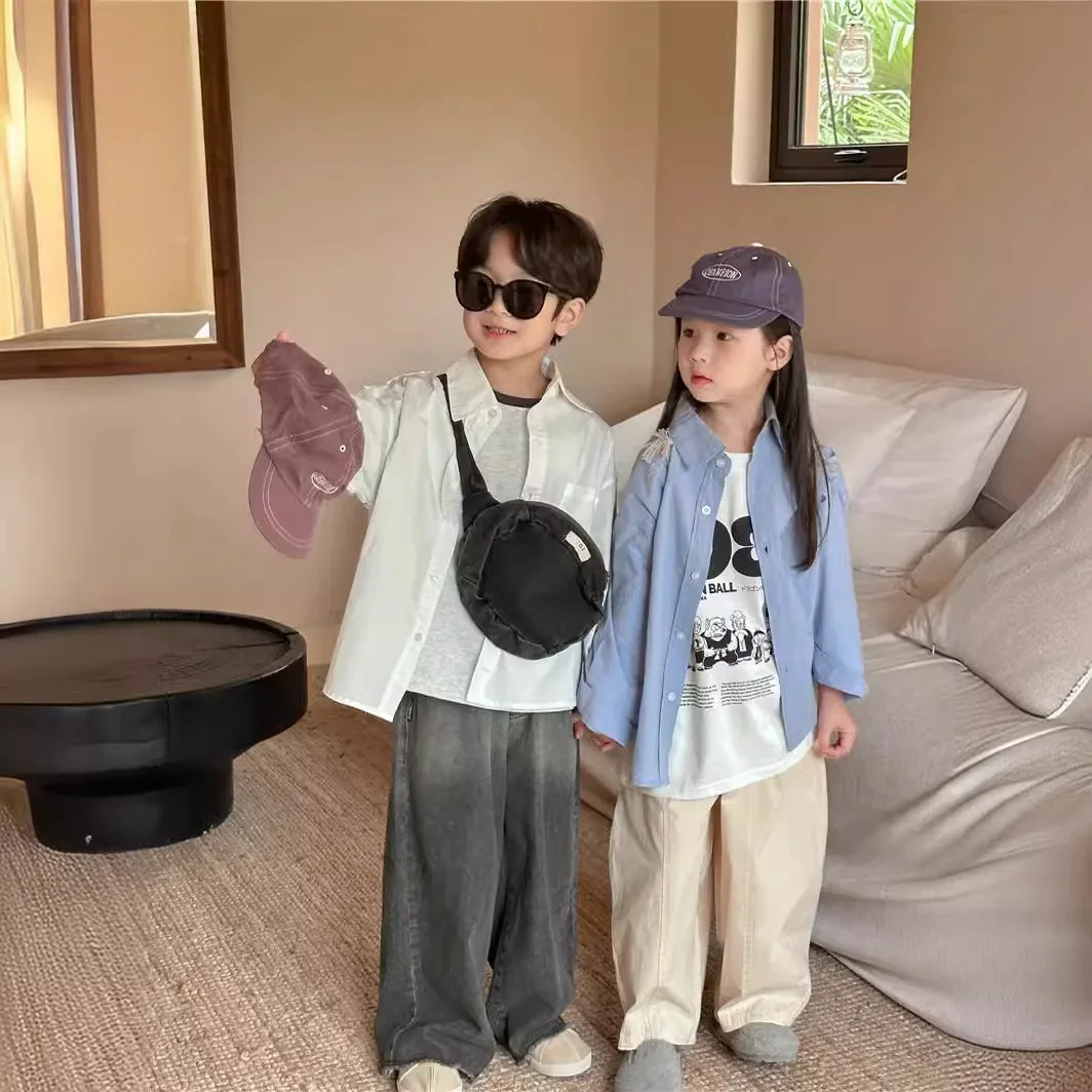 New Hot Sale Of The Season Autumn Squirrel Brand Children's Pure Color Collar Shirt Baby Washed Cotton Casual Shirt Boys Girls C