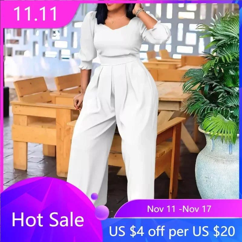 Solid Color Women Jumpsuits For Spring Autumn 3/4 Sleeve Bandage Loose Fashion Streetwear Overalls Wide Leg Pants Trousers 2024 men s jumpsuits linen summer leisure suit summer short sleeve rompers overalls trousers fashion mens joggers