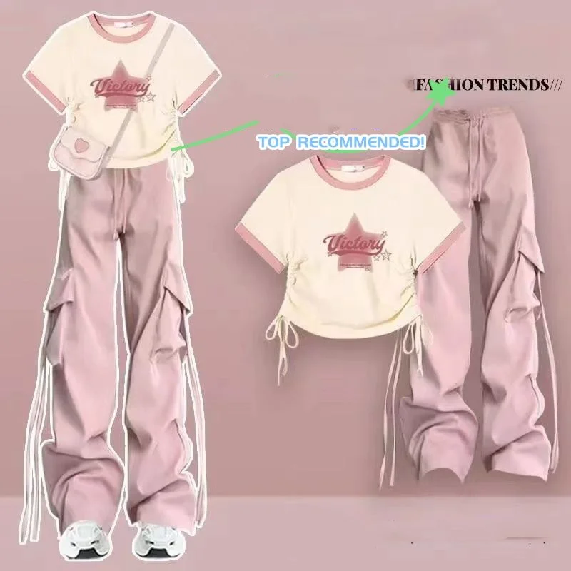 Spring/Summer Fashion Set Women's 2024 Korean Round Neck Top Casual Pink Work Pants Age Reducing Two Piece Set