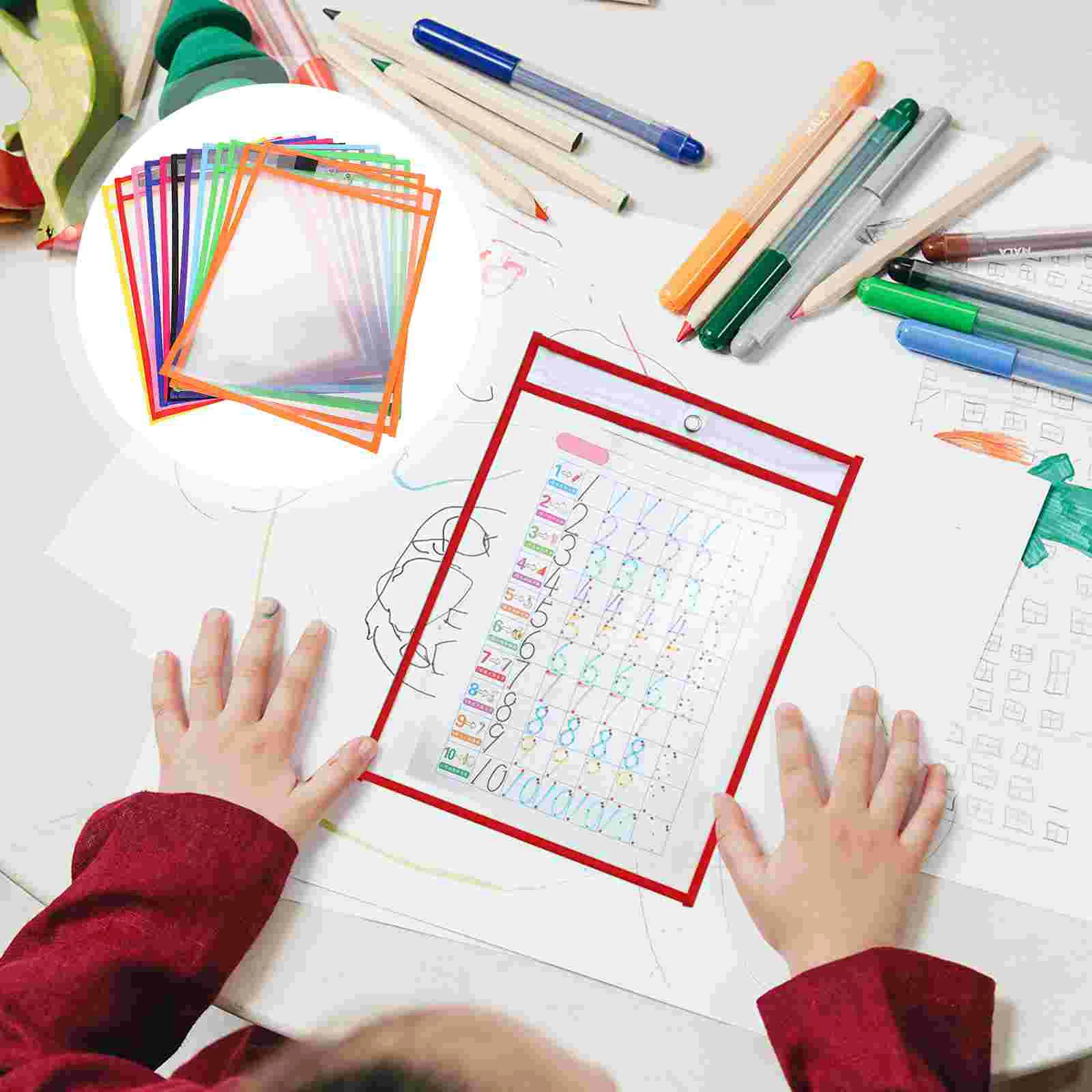 

Dry Erase Pockets Reusable Sleeves with Marker Pen Holder Pocket Sleeves 12pcs for School Office Teacher Student Stationery
