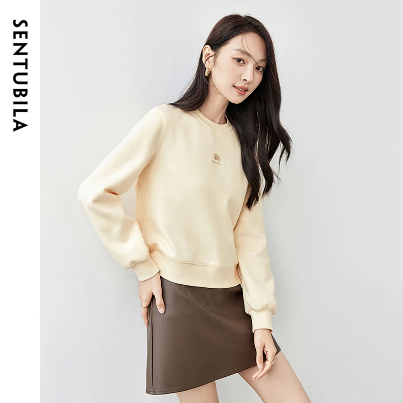 SENTUBILA Embroidery Woman Sweatshirts Pullovers 2024 Winter Straight Cotton Thick Cropped Round Neck Basic Tops 144A57100 4