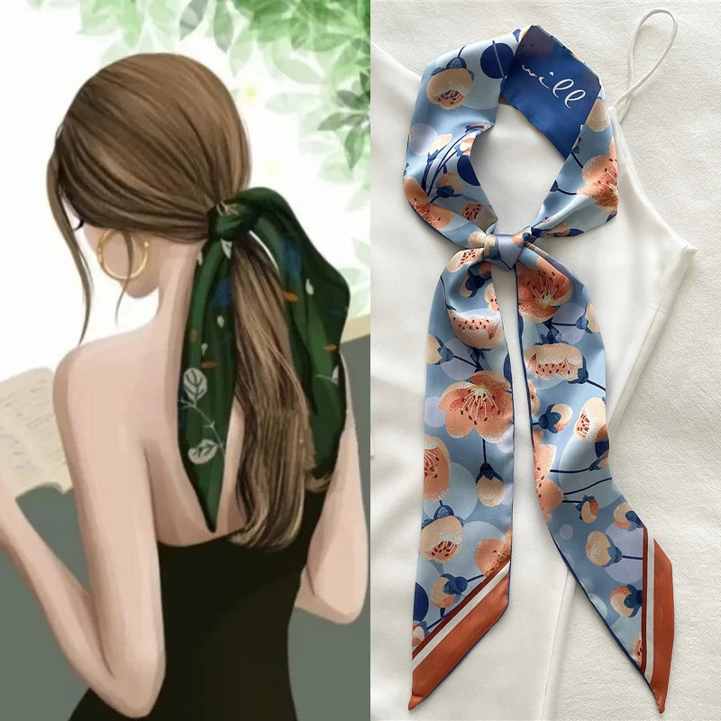 Women Silk Long Hairband Necktie Print Floral Skinny Ribbon Scarf Bag Wrist Bandana Girl Waist Popul 2022 Summer Accessories meldel wedding brooch bridesmaids wrist corsage girl bracelet groom boutonniere man brooch pins burgundy prom corsage flower