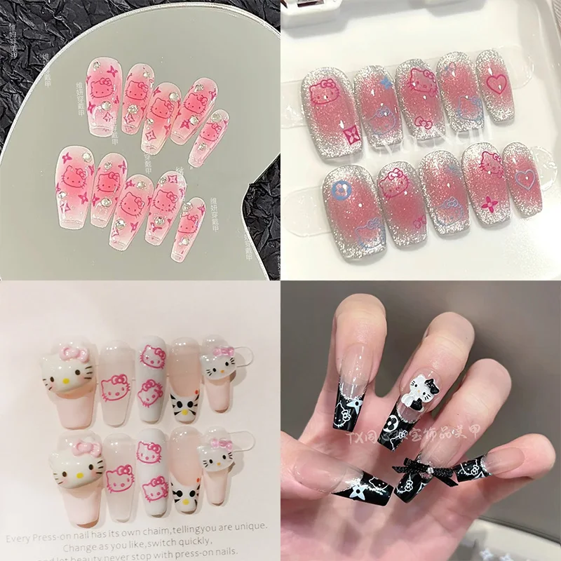 

Kawaii Sanrio Hello Kitty Press on Nails Sweet Cool Handwork Originality Nail Sticker Jewel Accessories Anime Cartoon Cute Gifts