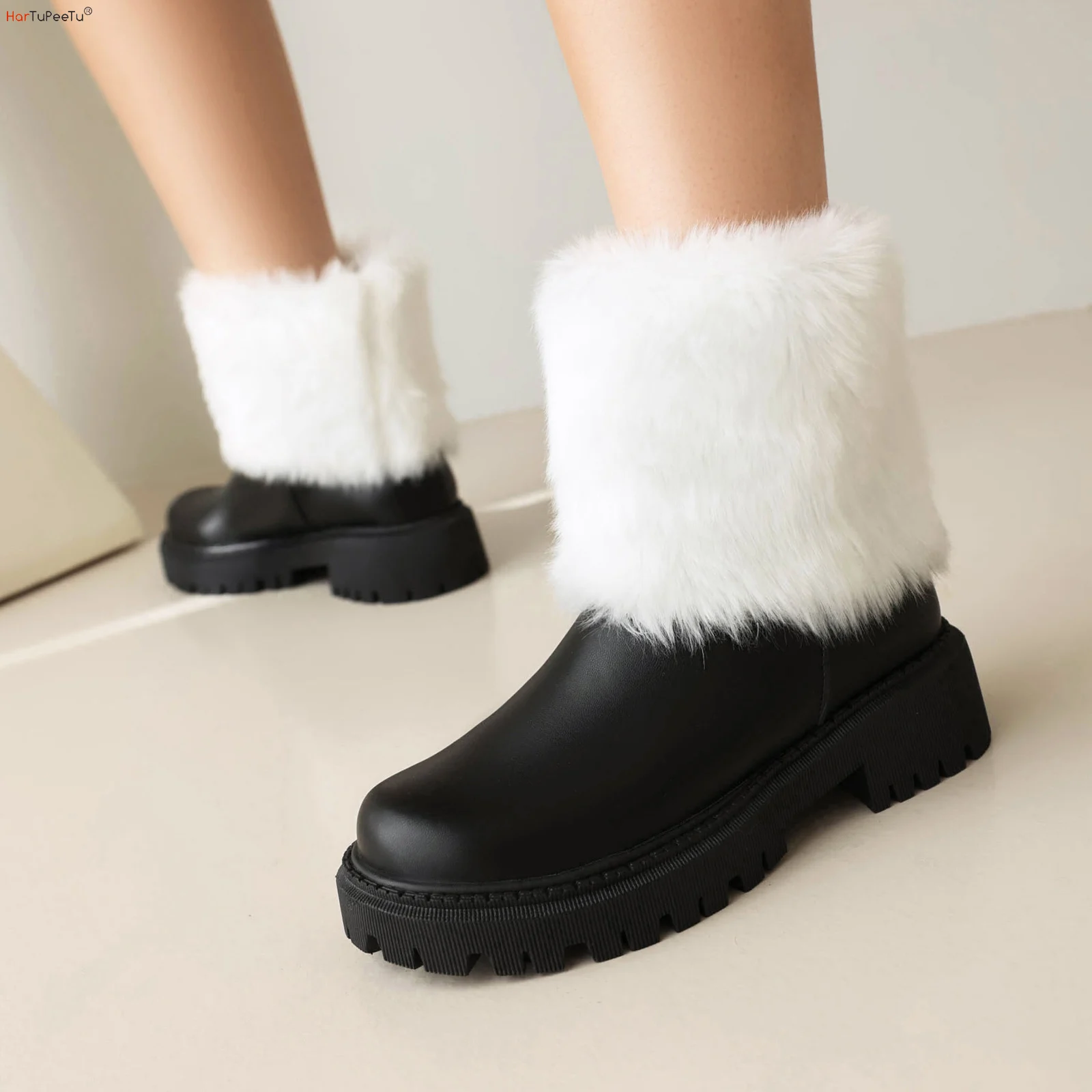 

Warm Winter Snow Boots Women with Fur Leather 4cm Chunky Block Heels Shoes New Comfy Platform Ankle Boots