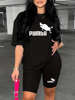 Women's summer casual loose fit large size letter print round neck short sleeved T-shirt+shorts two-piece set 1