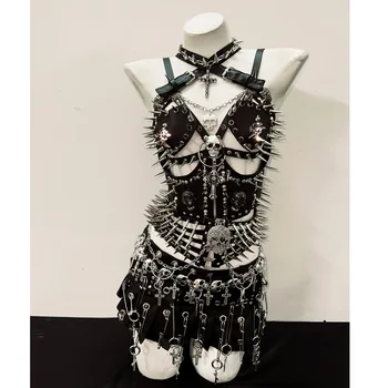 Halter Neck Spikey Cut Out Top Belt and Skirt 1