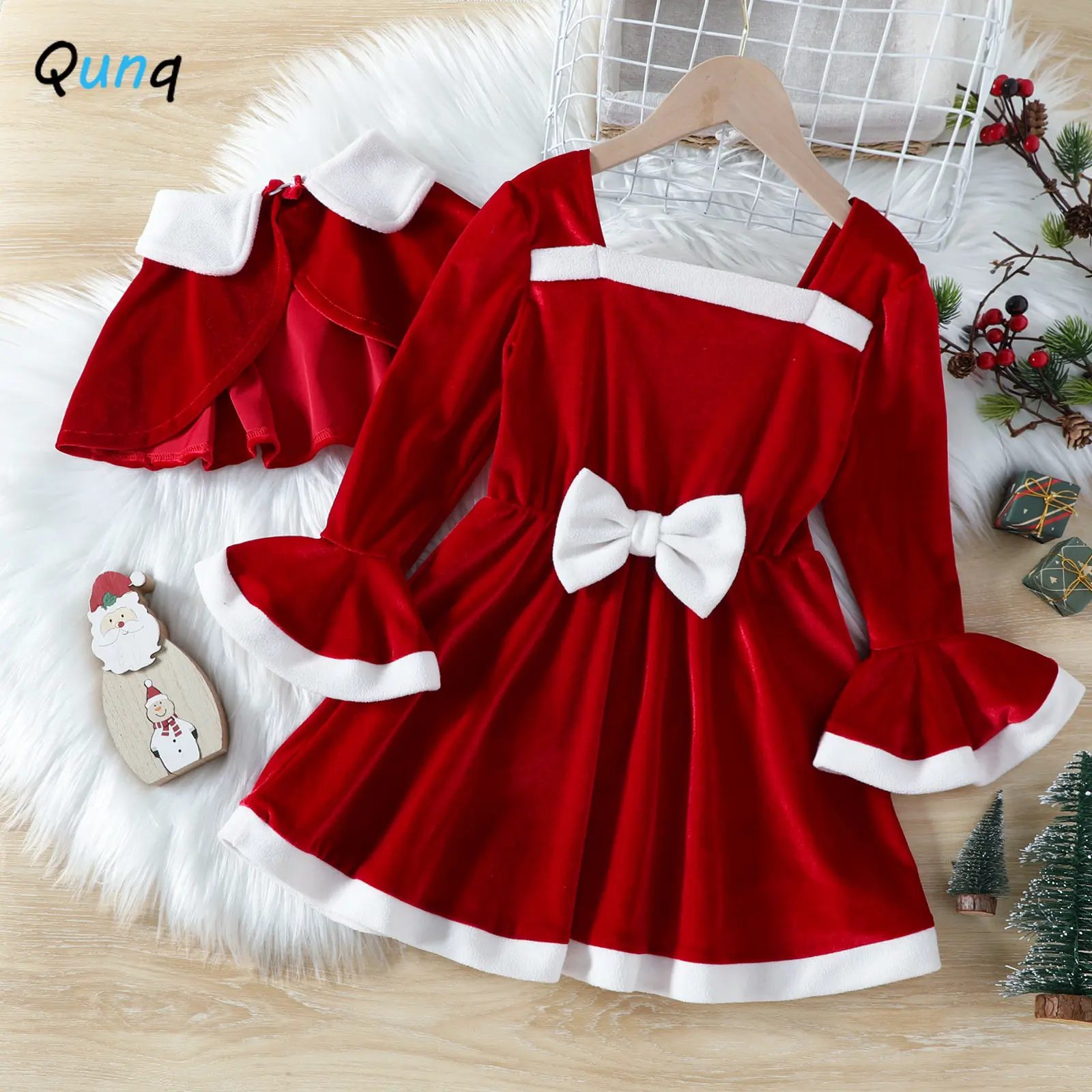 

Qunq 2022 Winter New Girls Christmas Suit Flared Sleeves Square Neck Dress + Cloak 2 Pieces Set Casual Kids Clouthes Age 3T-8T