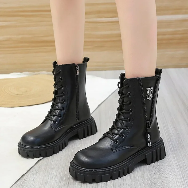 Women's Luxury Pu Leather Combat Short Boots 2023 Autumn Winter Designer Brand Gothic Platform Shoes Lace Up Motorcycle Boots