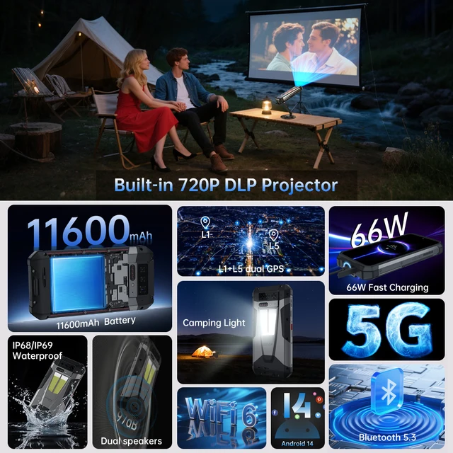 8849 Tank 4 Unihertz 5G robuste 24GB 512GB projecteur pour Smartphone 720P 100 Lumen 6.78 ''AMOLED Android14 11600mAh dimension 7300 5