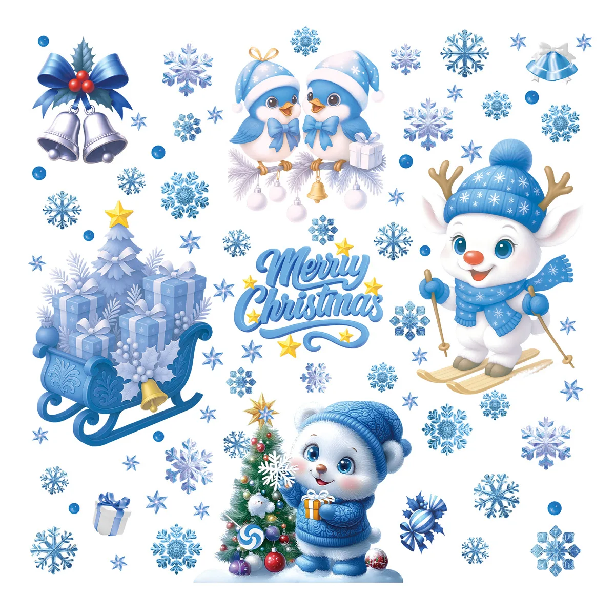 Christmas Decorative Stickers Cartoon Santa Snowmen Bells Static Window Glass Stickers for Holiday Party Decor