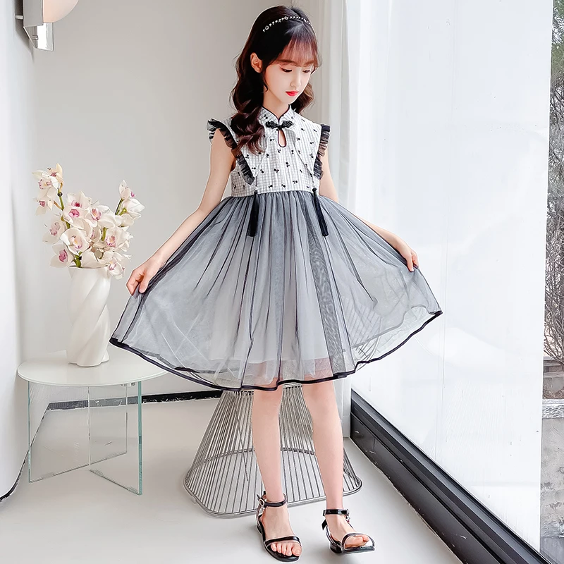 Girl Qipao Dress Patchwork Mesh Traditional Boutique Dress For Girls 12