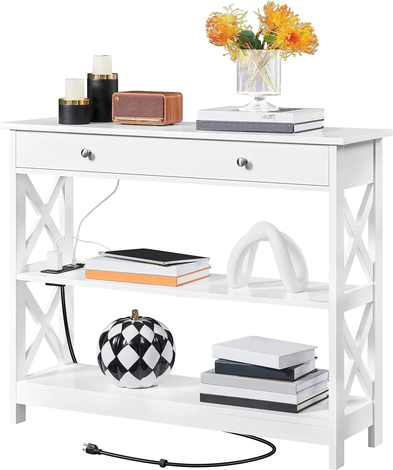 

Entryway Table with Drawer, Wood Console Table with Outlets and USB Ports, Sofa Table Narrow Long with Storage Shelves