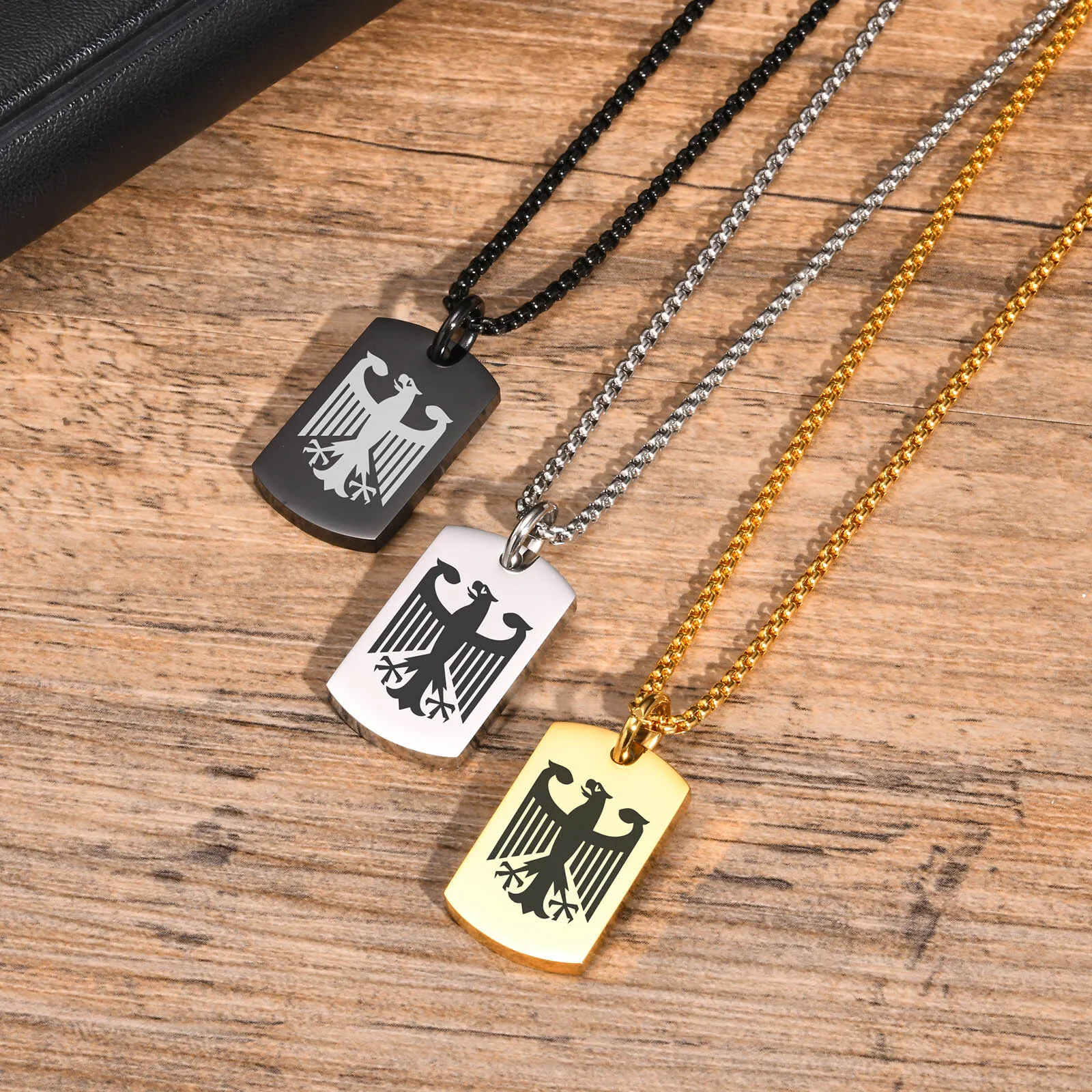 German Eagle Square Neckalces for Men, Stainless Steel Big/Small Dog Tag Pendant Necklace,Trendy Germany Jewelry Gift