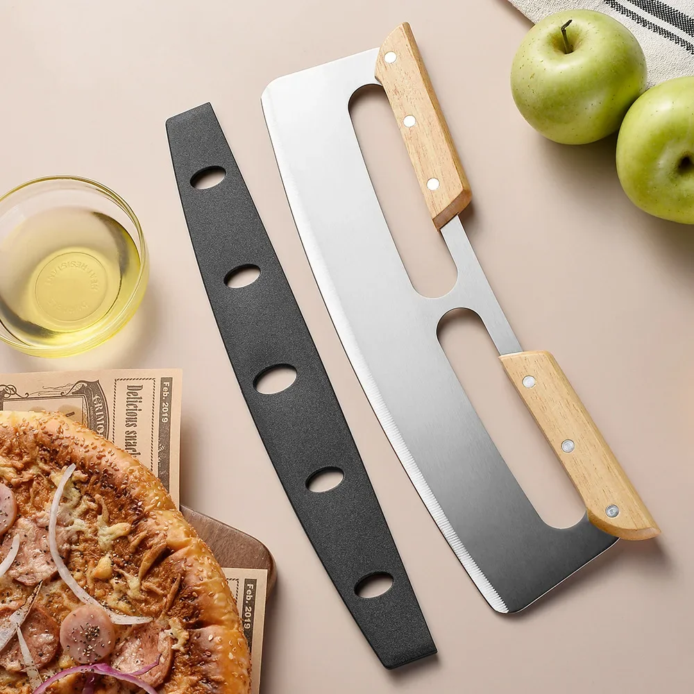 Wooden Handle 14 Inch Large Pizza Cutter Curved Blade Stainless Steel Cutter Semi Circular Shaver Baking Tool Pizza pizza cutter