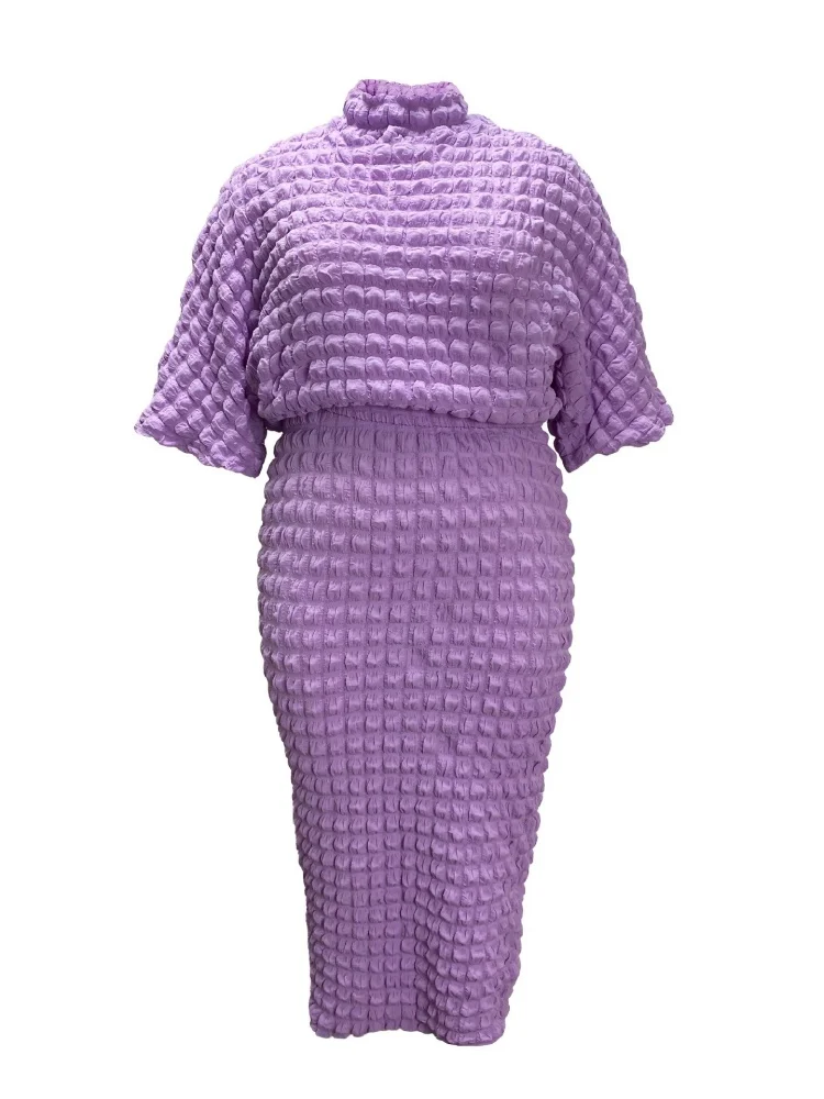 Wmstar Two Piece Set Plus Sized Women Wholesale Solid Color Bubble Fabric Bat Sleeve Top Skirt 2025 Summer Outfit Fancy Club