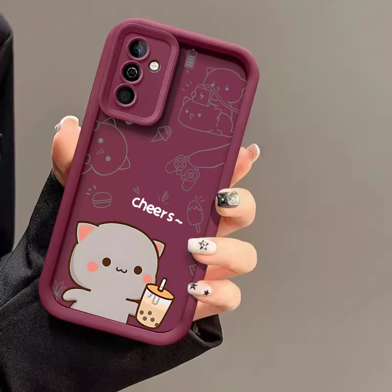 Cartoon Peach Mochi Cat Couple Case - Cute Animal Paired Soft Cover