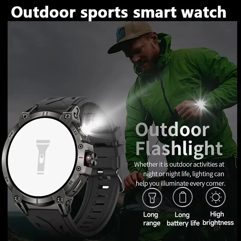 Military Smart Watch Men 760mAh Large Battery LED Flashlight Compass 1.8