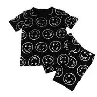 AA-kids boy summer spring fashion clothes 2pcs set cotton long sleeve and short sleeve 2pcs clothes set smile print black set 5
