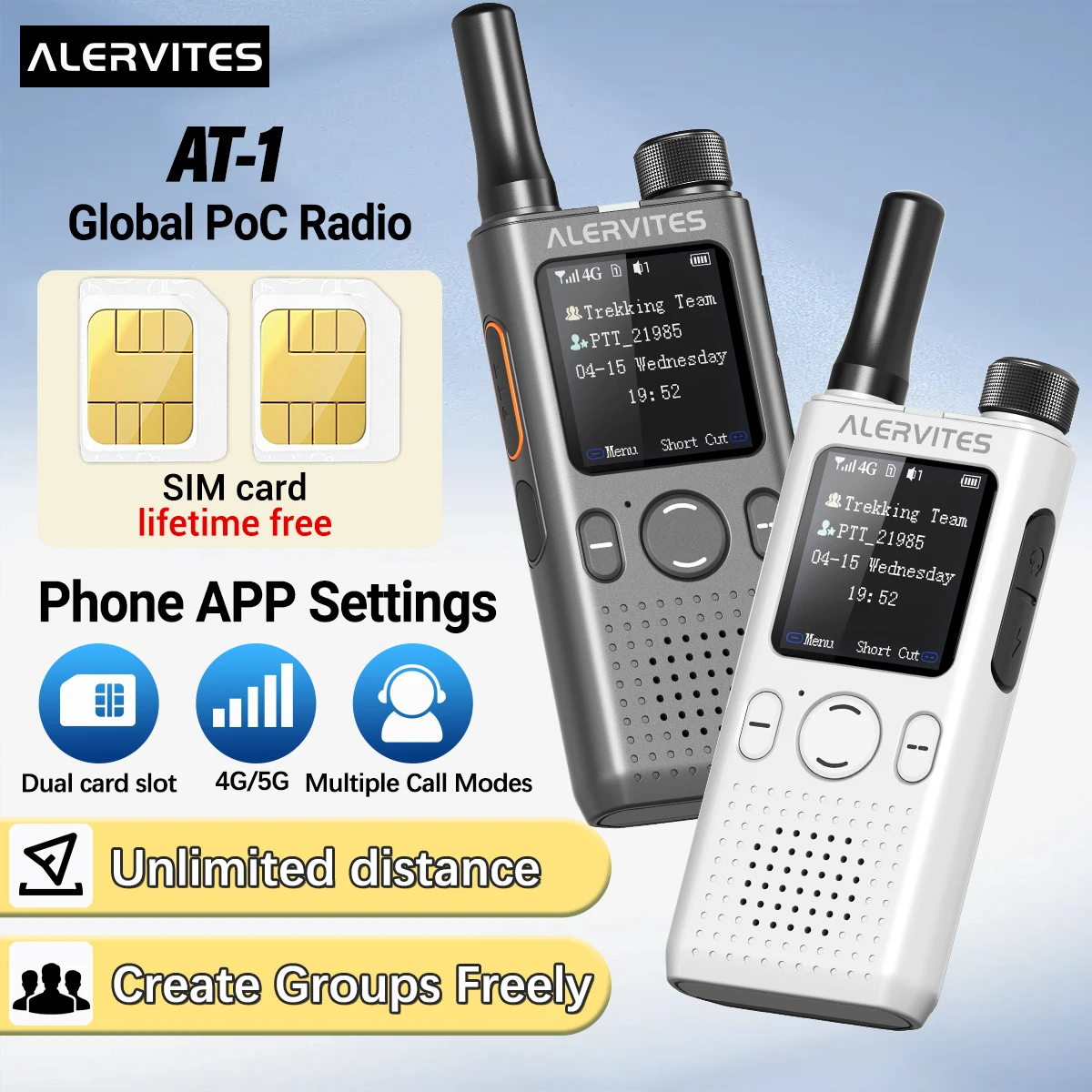 바오펑 AT1 POC 무전기, 그룹 생성 자유, 글로벌 4G/5G 네트워크, 무제한 거리 통신, 휴대용 ALERVITES 햄 라디오