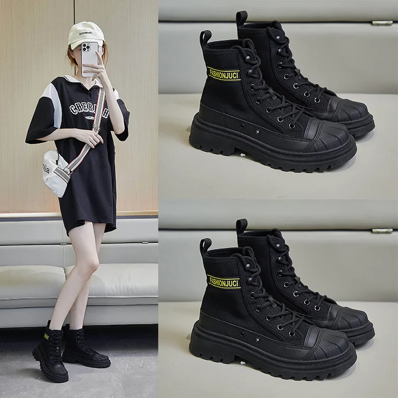 Women's Boot for Autumn 2023 New In Canvas Hiking Shoes Trend Lace-up Platform Ankle Cowgirl Boots Female Casual Sports Footwear
