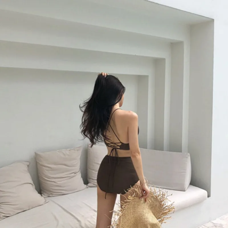 Conjunto de Bikini liso de estilo coreano para mujer, traje de baño acolchado de dos piezas, traje de baño de alta calidad para playa - Imagen 4