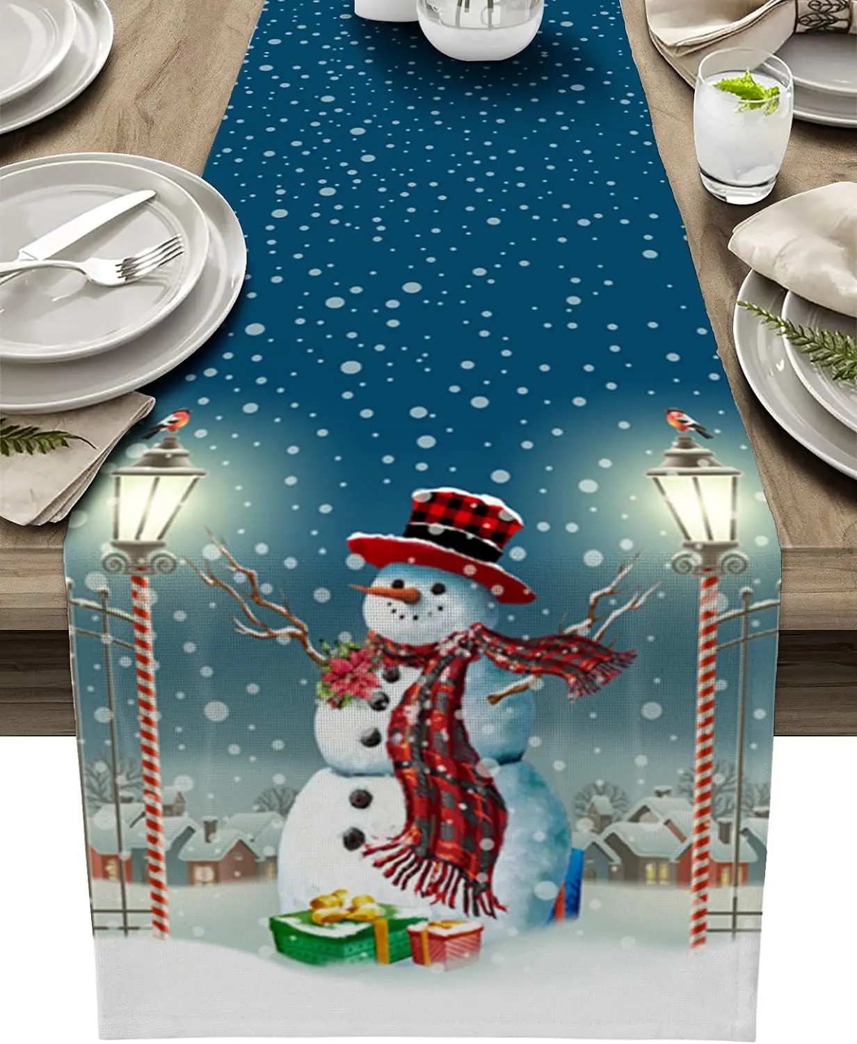 

Christmas Snowman Linen Table Runners Dresser Scarves Table Decor Washable Winter Xmas Dining Table Runner Christmas Decorations