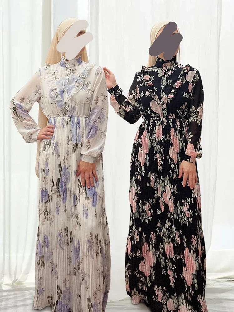 

Eid Hijab Muslim Abaya Dress Dubai Printed Fungus Chiffon Abayas for Women Turkish Maxi Dresses Islam Kaftan Robe Femme Musulman