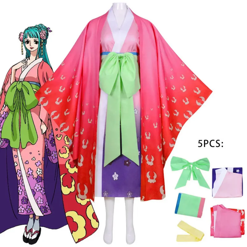 

Anime One Piece Kozuki Hiyori Cosplay Costume Kimono Halloween Carnival Uniform Pink Print Suit Bow Belt Outfits