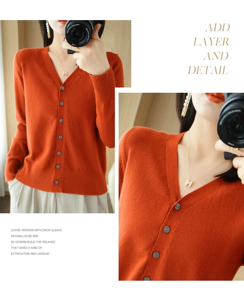 Early Autumn New Andy Cashmere Knit Cardigan V-Neck Solid Color Fashion High-Grade Comfortable Loose Casual Knitwear -GH021