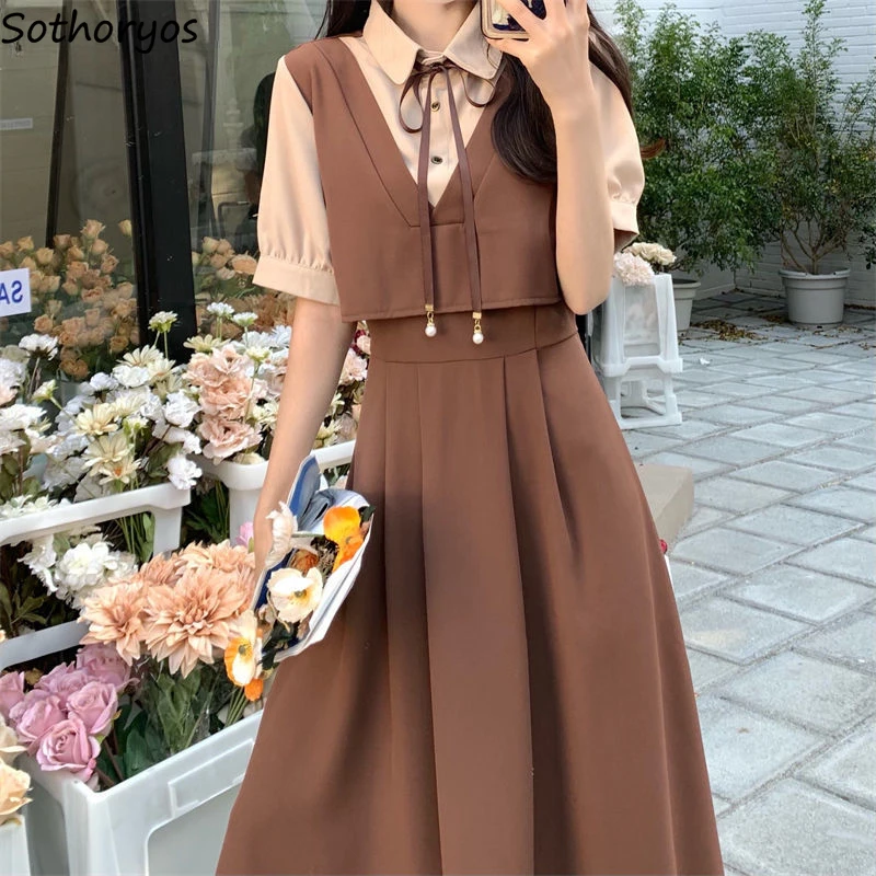 

Short Sleeve Dress Women Preppy Patchwork Elegant Young Summer Ins Korean Fashion Sweet A-line Simple Fake Two Pieces Vestidos