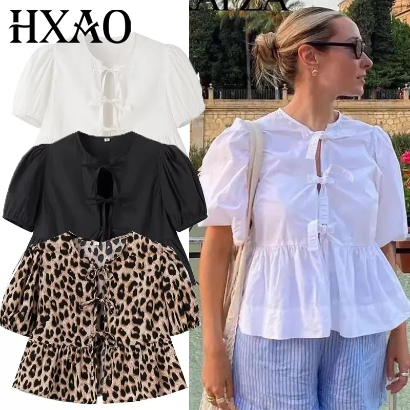 HXAO-Blusa blanca recortada con mangas abullonadas para mujer, blusa negra recortada plisada con Top con estampado de leopardo atado 2024
