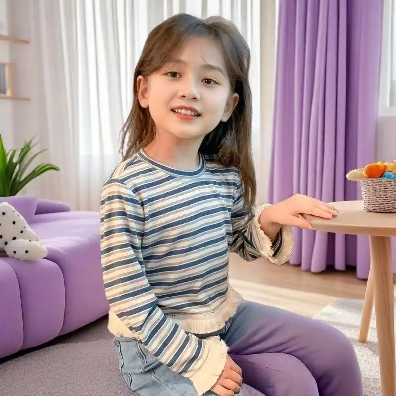 2026년 가을 신상 아동용 스트라이프 라운드넥 언더셔츠 여아용 레이스 패치 라..