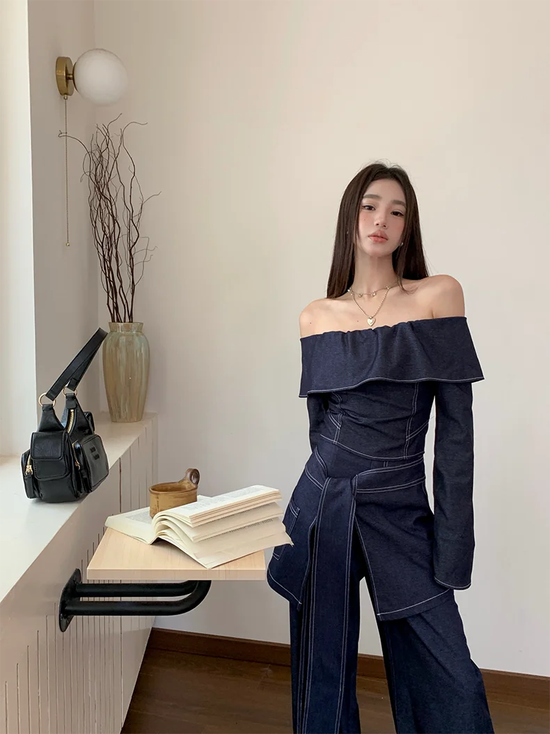 CHEERART 2 Piece Sets Women Outfit Denim Off The Shoulder Long Sleeve Top And Wide Leg Long Pants Fall Clothes 2024 Women 2