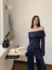 CHEERART 2 Piece Sets Women Outfit Denim Off The Shoulder Long Sleeve Top And Wide Leg Long Pants Fall Clothes 2024 Women 2
