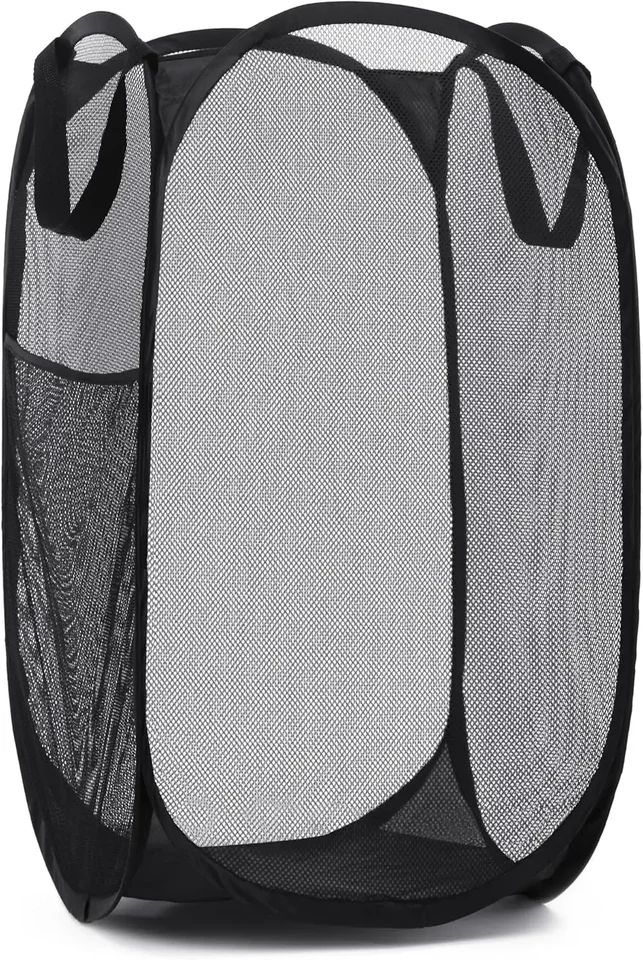 Collapsible Mesh Hamper with Side Pocket and Wide Opening