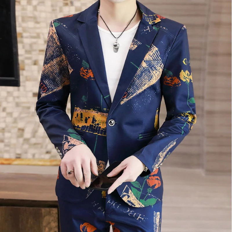 Men's Slim Fit Business Casual Two-Piece Set Autumn Korean Fashion Print Wedding Suit with Trousers Trendy